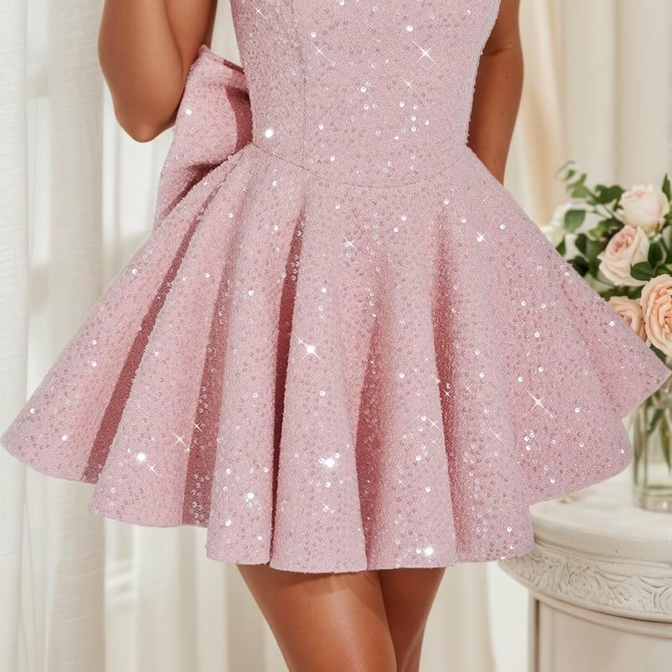 Mini Abito con Paillettes, Senza Maniche, con Fiocco-Modaso
