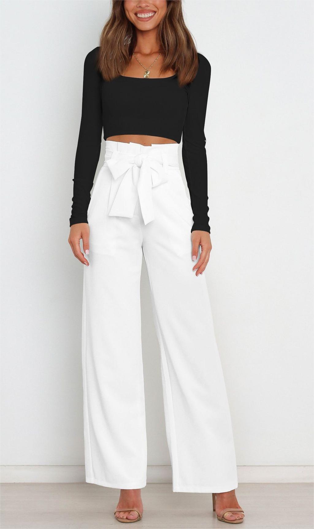 Pantaloni a gamba larga - Pantaloni eleganti a vita alta da donna a gamba larga-Bianco-S-Modasso