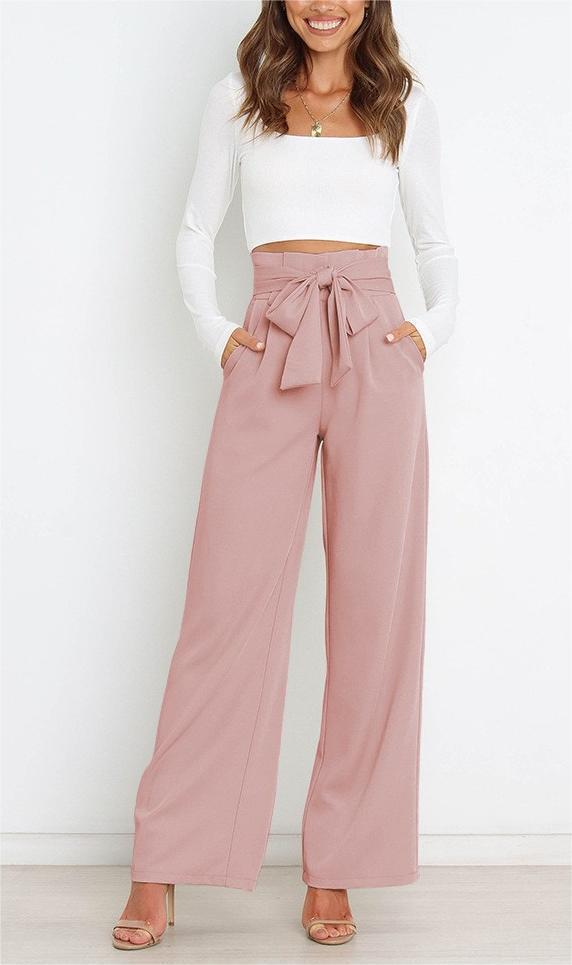 Pantaloni a gamba larga - Pantaloni eleganti a vita alta da donna a gamba larga-Rosa-S-Modasso