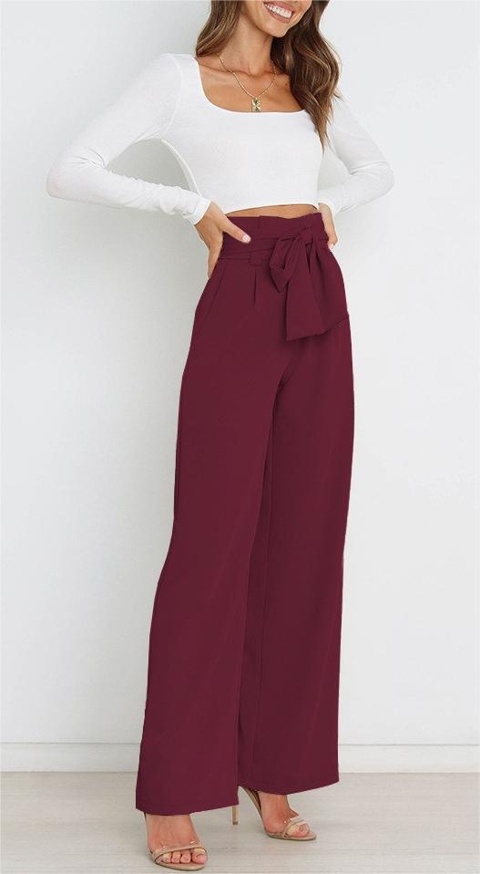 Pantaloni a gamba larga - Pantaloni eleganti a vita alta da donna a gamba larga-Vino Rosso-S-Modasso