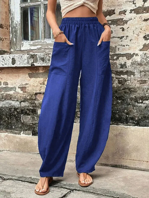 Pantaloni a gamba larga - Pantaloni larghi e comodi a vita alta da donna-Blu-S-Modasso
