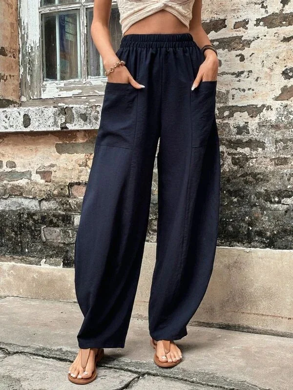 Pantaloni a gamba larga - Pantaloni larghi e comodi a vita alta da donna-Blu navy-S-Modasso