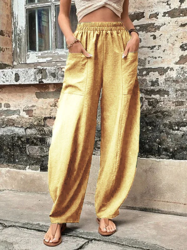 Pantaloni a gamba larga - Pantaloni larghi e comodi a vita alta da donna-Giallo chiaro-S-Modasso