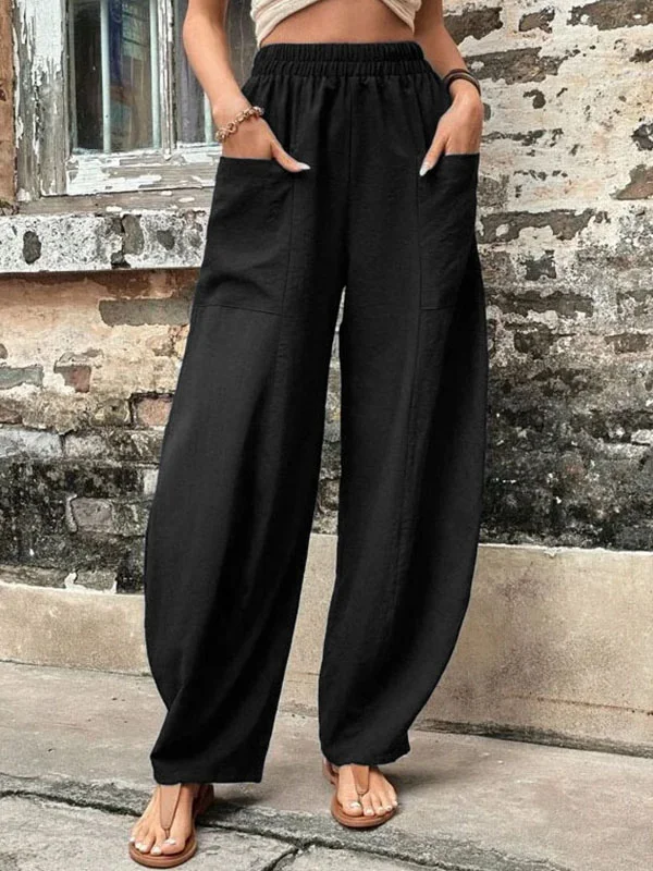 Pantaloni a gamba larga - Pantaloni larghi e comodi a vita alta da donna-Nero-S-Modasso