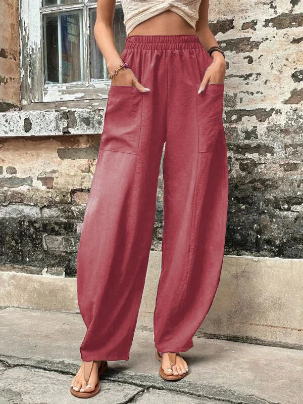Pantaloni a gamba larga - Pantaloni larghi e comodi a vita alta da donna-Rosa-S-Modasso