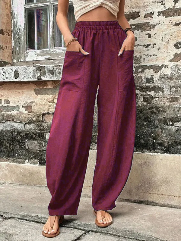 Pantaloni a gamba larga - Pantaloni larghi e comodi a vita alta da donna-Rosso intenso-S-Modasso