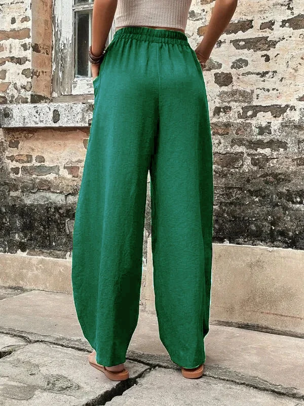 Pantaloni a gamba larga - Pantaloni larghi e comodi a vita alta da donna-Verde-S-Modasso