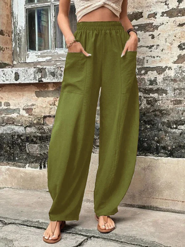Pantaloni a gamba larga - Pantaloni larghi e comodi a vita alta da donna-Verde oliva-S-Modasso