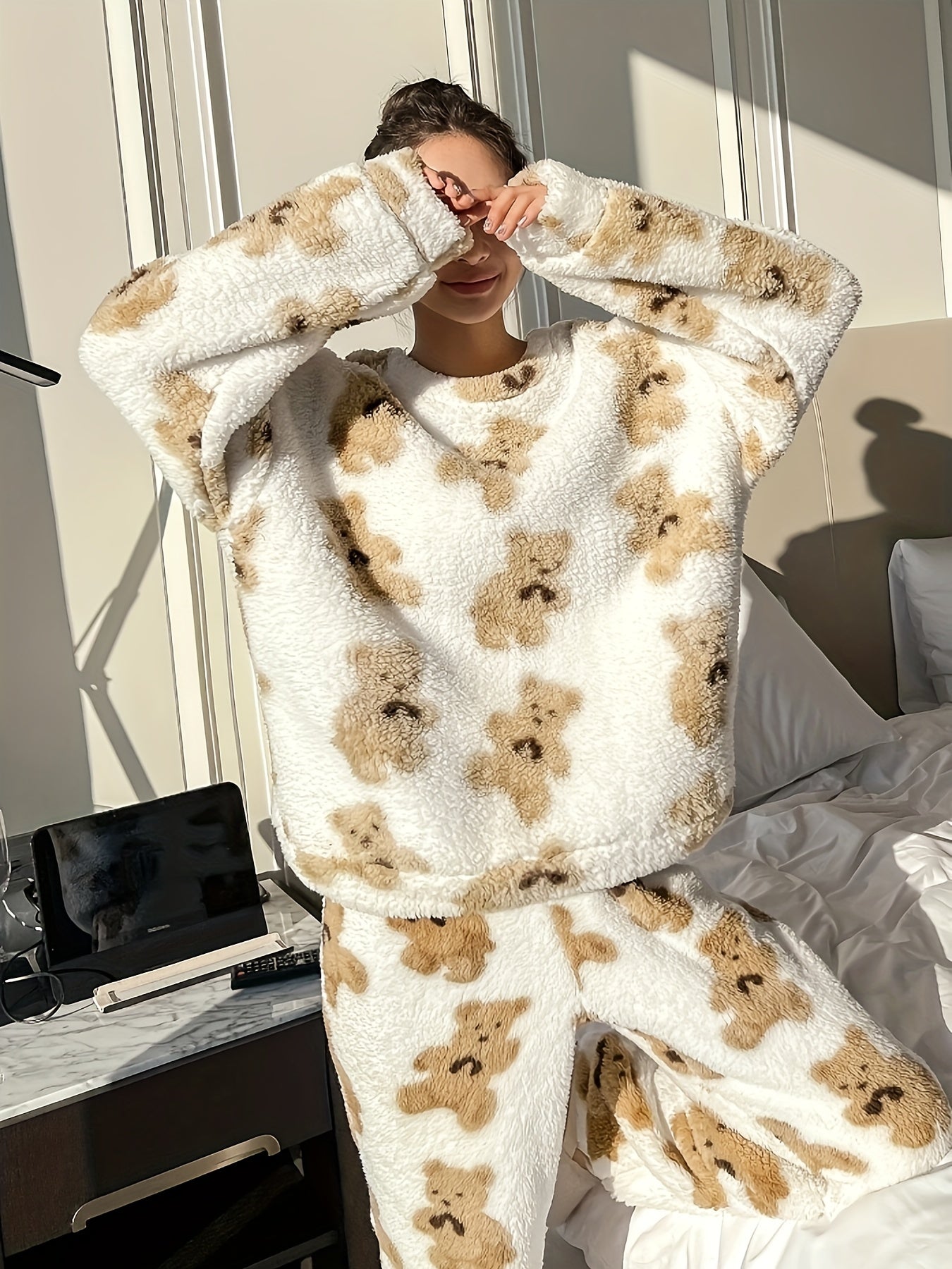 Pigiama in pile | Maniche lunghe | Teddy | Pigiama invernale | Abbigliamento da casa da donna-Modasso