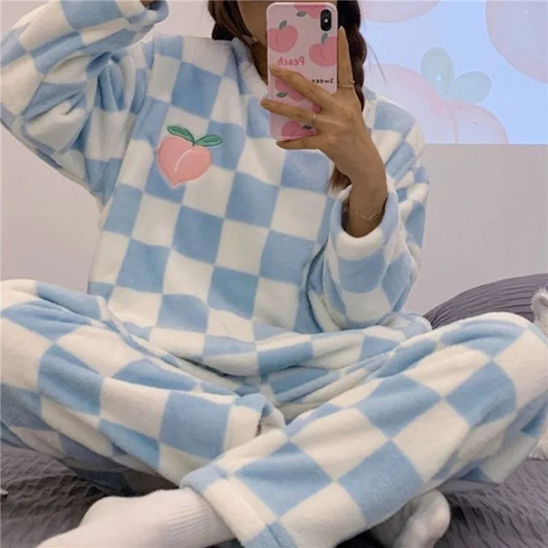 Pigiama in pile - Soffice - Maniche lunghe - Pigiama invernale da donna - Abbigliamento da casa-Blu-M-Modasso
