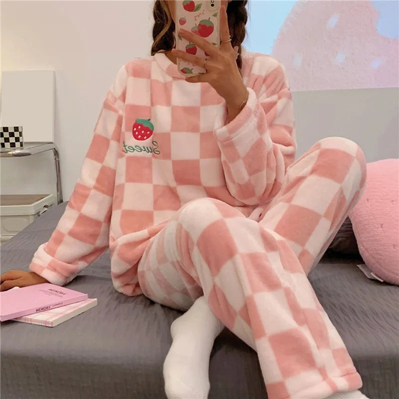 Pigiama in pile - Soffice - Maniche lunghe - Pigiama invernale da donna - Abbigliamento da casa-Rosa-M-Modasso