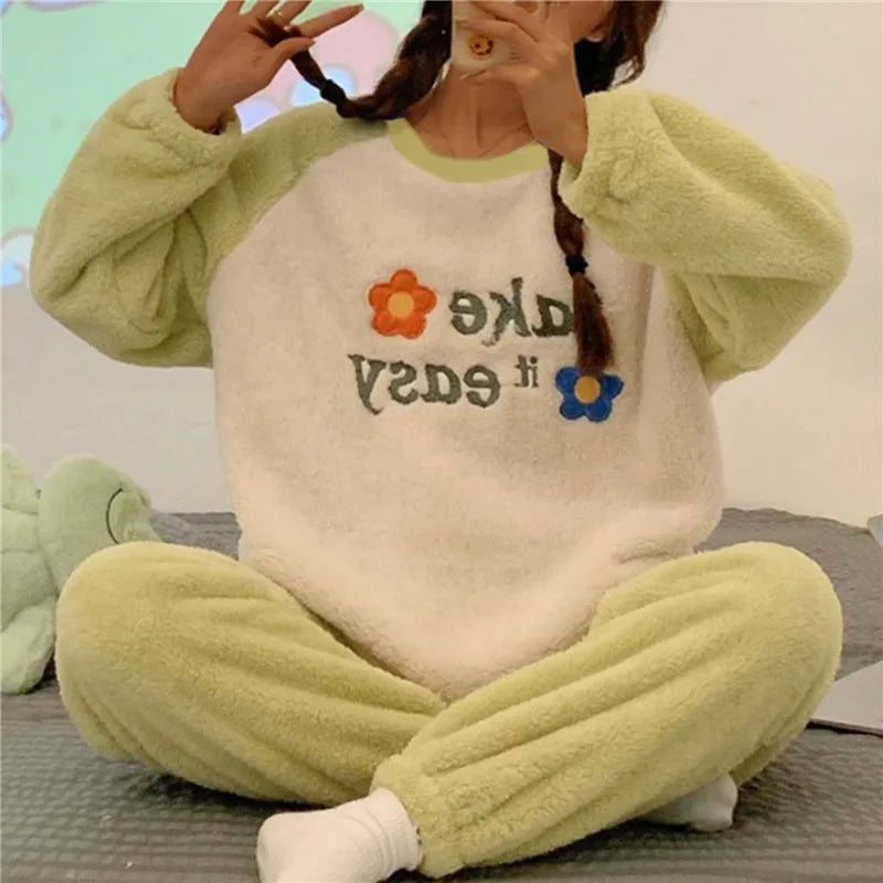 Pigiama in pile - Soffice - Maniche lunghe - Pigiama invernale da donna - Abbigliamento da casa-Verde-M-Modasso