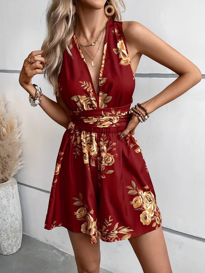 Playsuit a fiori, scollo a V, schiena scoperta, Jumpsuit da festa, Jumpsuit estivo-Modaso