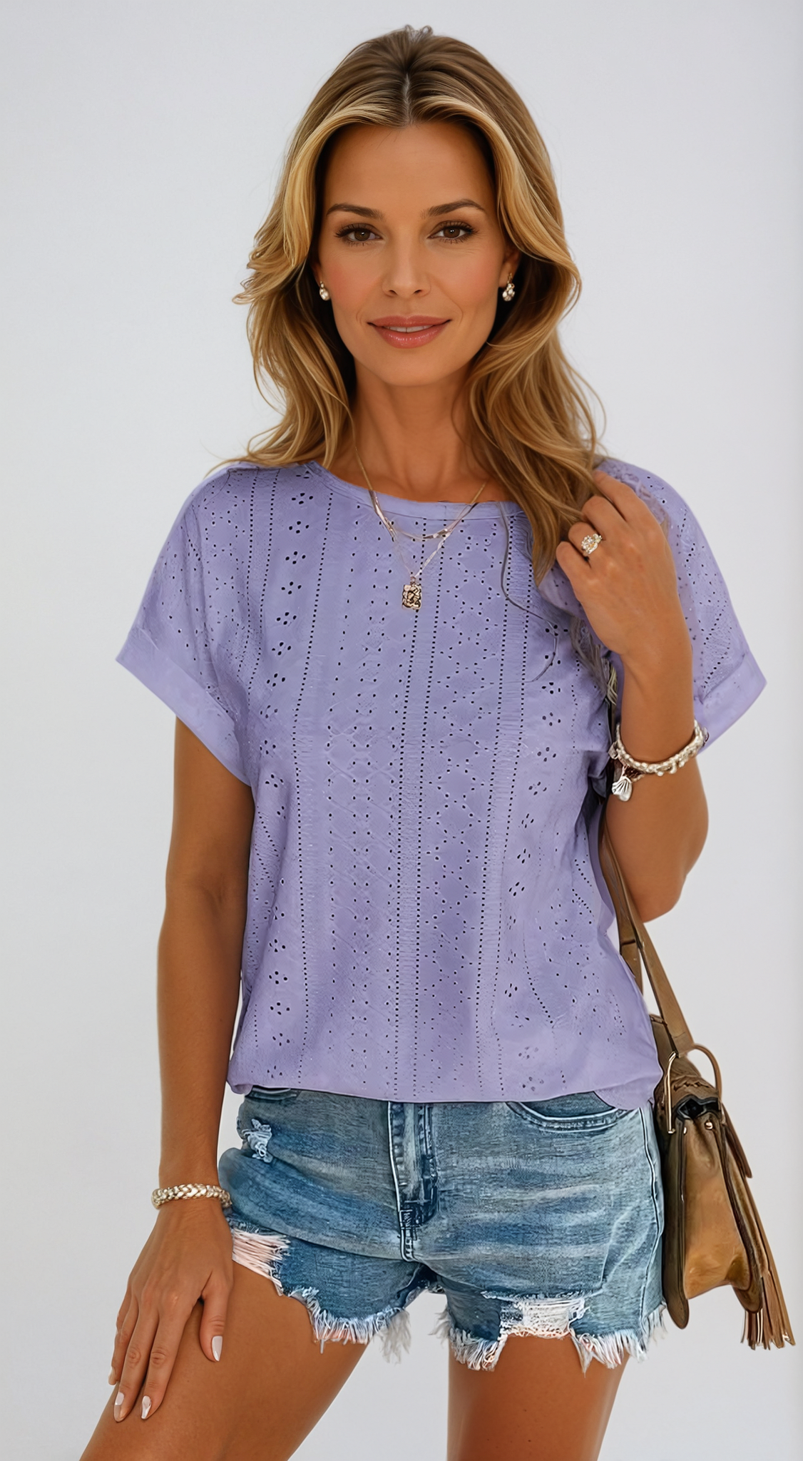 Top Con Occhielli - Vestibilità ampia - Girocollo - Top a maniche corte - Abbigliamento donna-Viola-S-Modasso