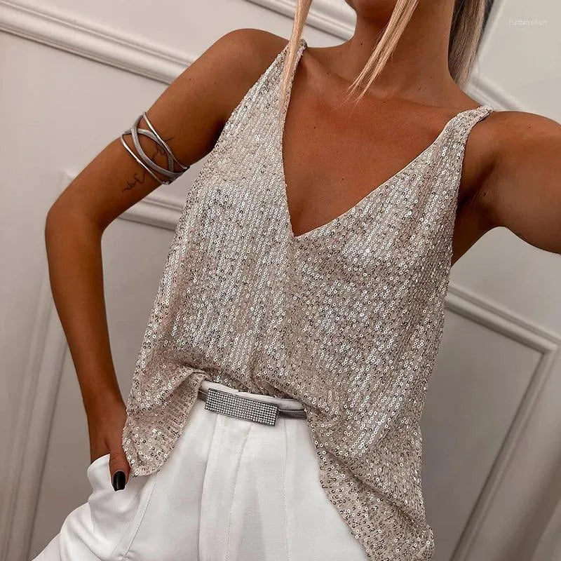Top Con Paillettes | Senza Maniche | Scollo a V | Top glitterato | Top da festa-Modasso