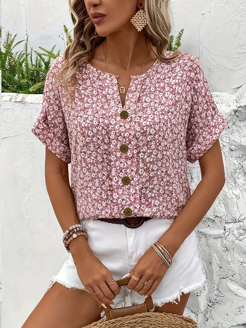 Top Floreale - Manica corta - Button-Up - Top estivo - Camicetta floreale da donna-Modasso