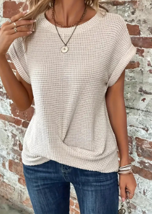 Top a maniche corte - Blusa estiva da donna con scollo rotondo e vestibilità morbida-Beige-S-Modasso