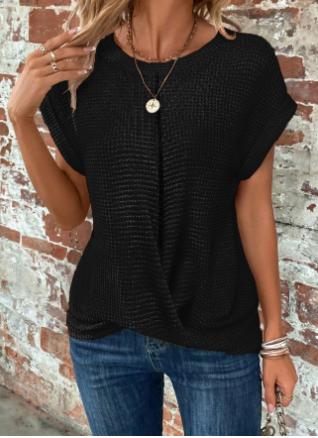 Top a maniche corte - Blusa estiva da donna con scollo rotondo e vestibilità morbida-Nero-S-Modasso