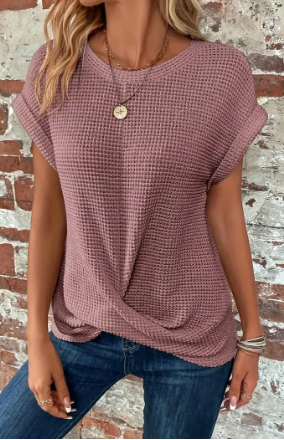 Top a maniche corte - Blusa estiva da donna con scollo rotondo e vestibilità morbida-Rosa-S-Modasso