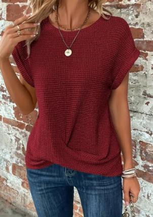 Top a maniche corte - Blusa estiva da donna con scollo rotondo e vestibilità morbida-Rosso Vino-S-Modasso