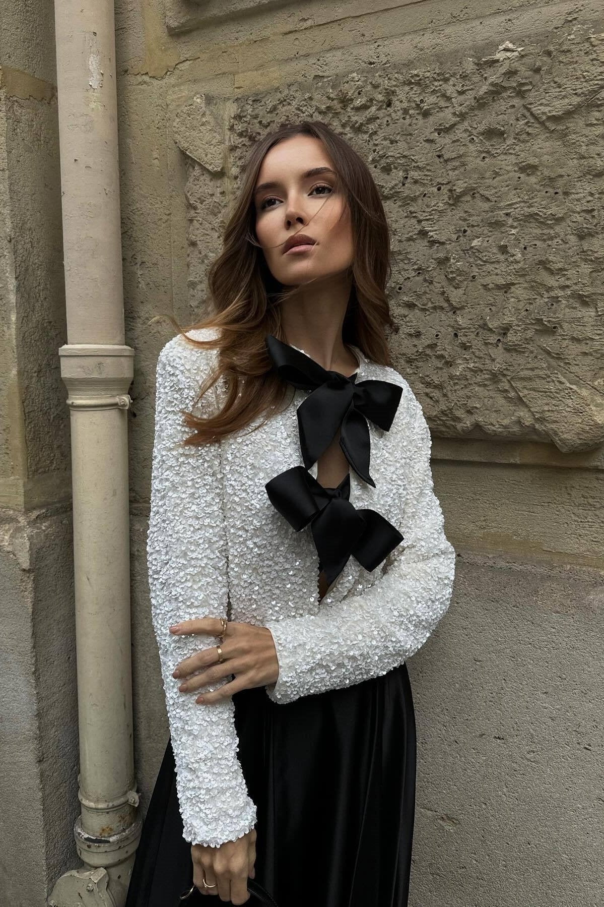 Top con paillettes - manica lunga - cravatta frontale - camicetta glitterata - camicetta da donna-Bianco-S-Modasso