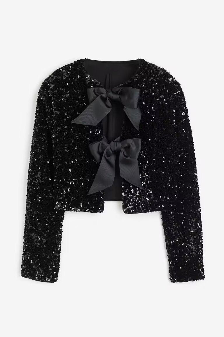 Top con paillettes - manica lunga - cravatta frontale - camicetta glitterata - camicetta da donna-Modasso