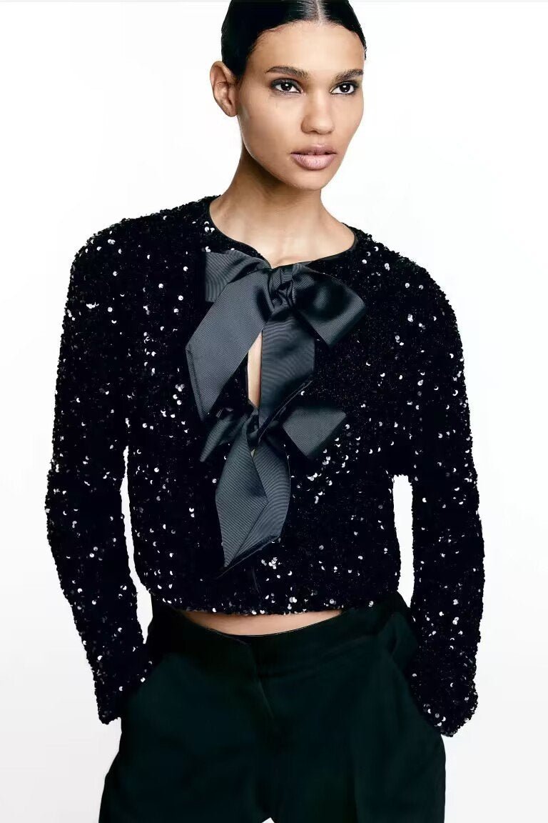 Top con paillettes - manica lunga - cravatta frontale - camicetta glitterata - camicetta da donna-Nero-S-Modasso