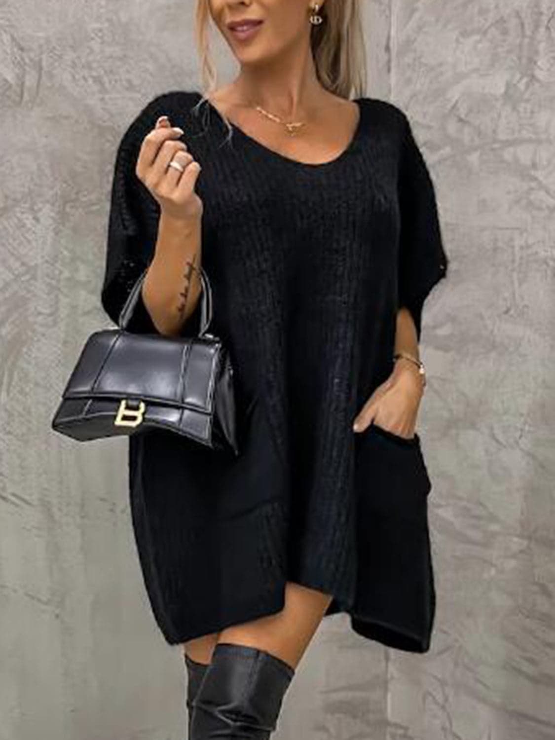 Tunica in Maglia - Miniabito da donna in maglia a maniche corte-Nero-S-Modasso