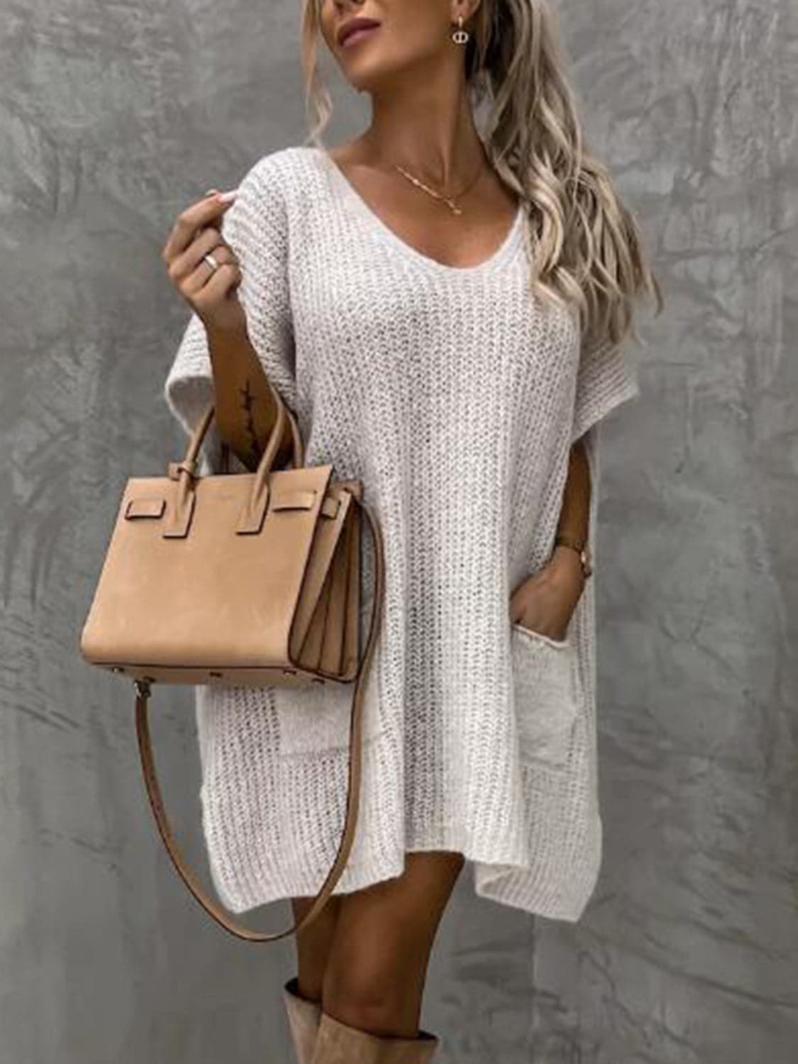 Tunica in Maglia - Miniabito da donna in maglia a maniche corte-Panna-S-Modasso