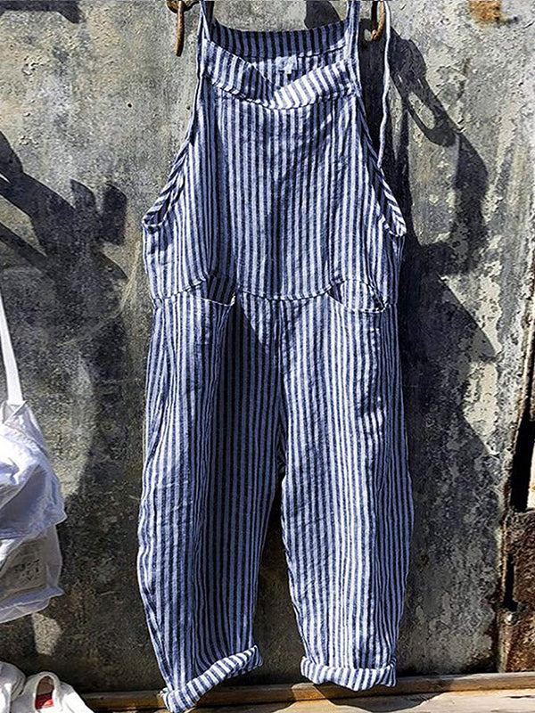 Tuta a righe - Vestibilità ampia - Senza maniche - Tuta a righe - Salopette da donna-Blu-S-Modasso