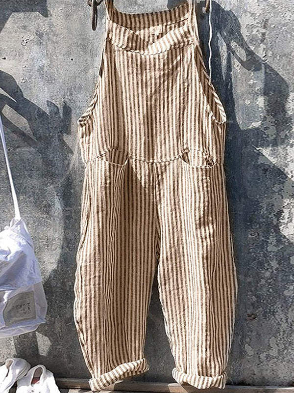 Tuta a righe - Vestibilità ampia - Senza maniche - Tuta a righe - Salopette da donna-Cachi-S-Modasso