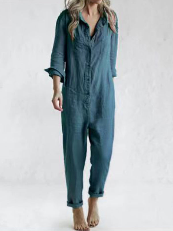Tuta casual | Con bottoni | Con colletto | Tuta a maniche lunghe | Tuta in lino da donna-Blu-S-Modasso