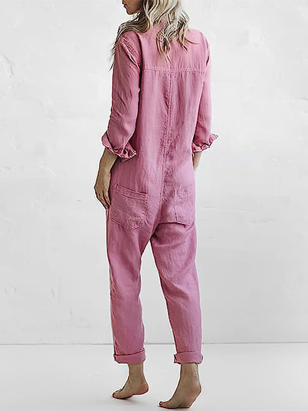 Tuta casual | Con bottoni | Con colletto | Tuta a maniche lunghe | Tuta in lino da donna-Modasso