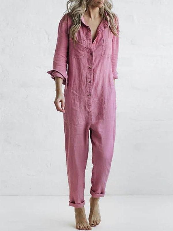Tuta casual | Con bottoni | Con colletto | Tuta a maniche lunghe | Tuta in lino da donna-Rosa-S-Modasso