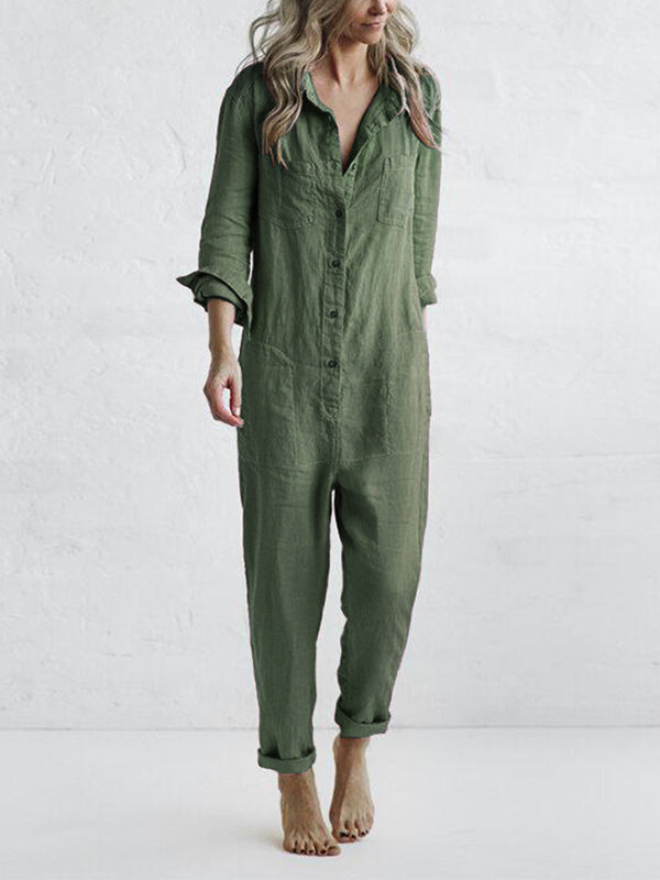 Tuta casual | Con bottoni | Con colletto | Tuta a maniche lunghe | Tuta in lino da donna-Verde-S-Modasso