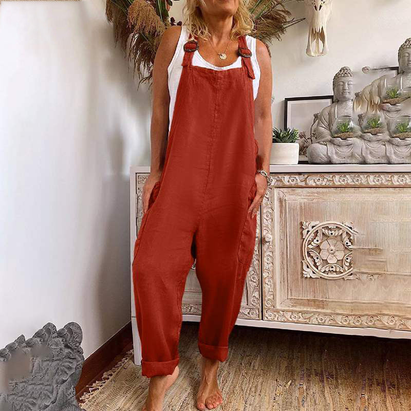 Tuta casual - Vestibilità ampia - Senza maniche - Tuta larga - Tuta da lavoro da donna-Rosso-S-Modasso