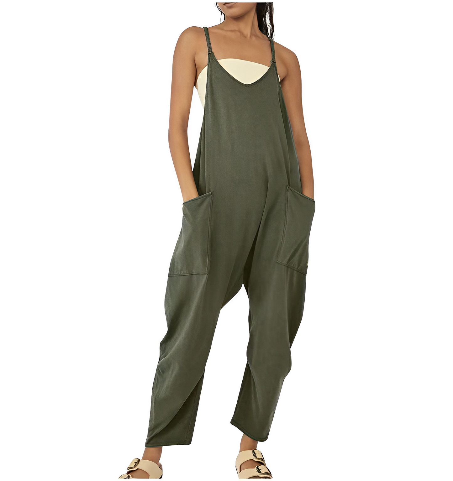 Tuta da donna | Senza maniche | Vestibilità ampia | Tuta casual | Salopette da donna-Verde Militare-S-Modasso