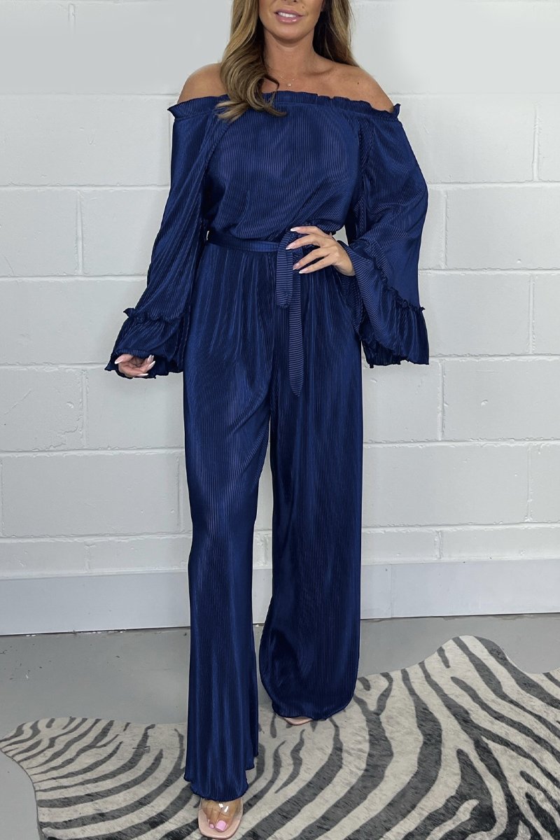 Tuta in Velluto | Maniche lunghe | Gamba larga | Tuta con spalle scoperte | Abbigliamento donna-Blu Navy-S-Modasso