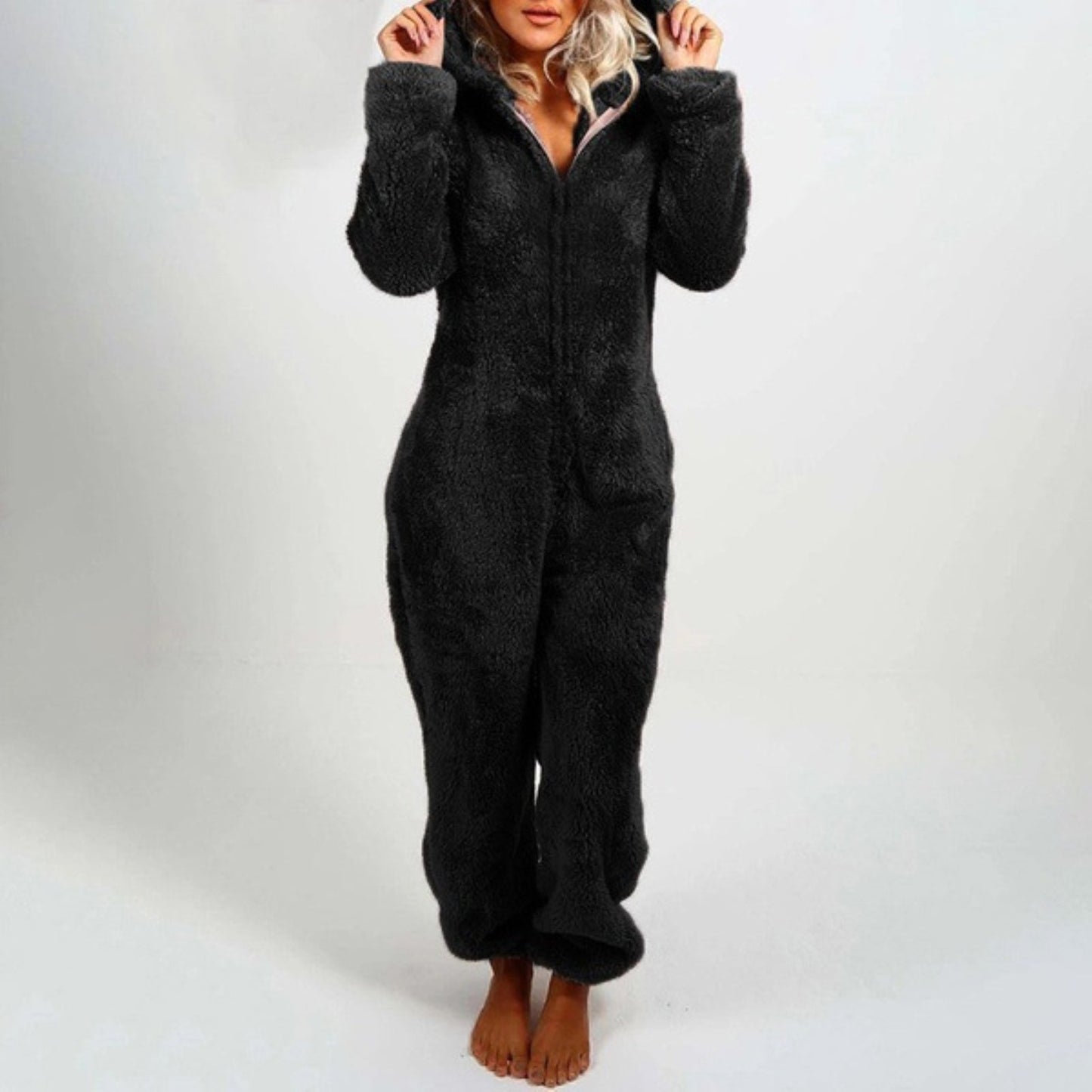 Tuta in pile | Maniche lunghe | Con cappuccio | Tuta in pile | Abbigliamento da casa da donna-Nero-S-Modasso