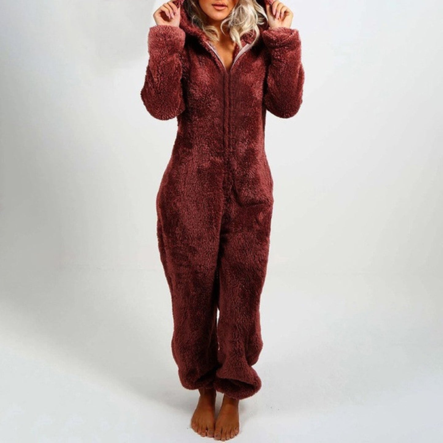 Tuta in pile | Maniche lunghe | Con cappuccio | Tuta in pile | Abbigliamento da casa da donna-Vino Rosso-S-Modasso