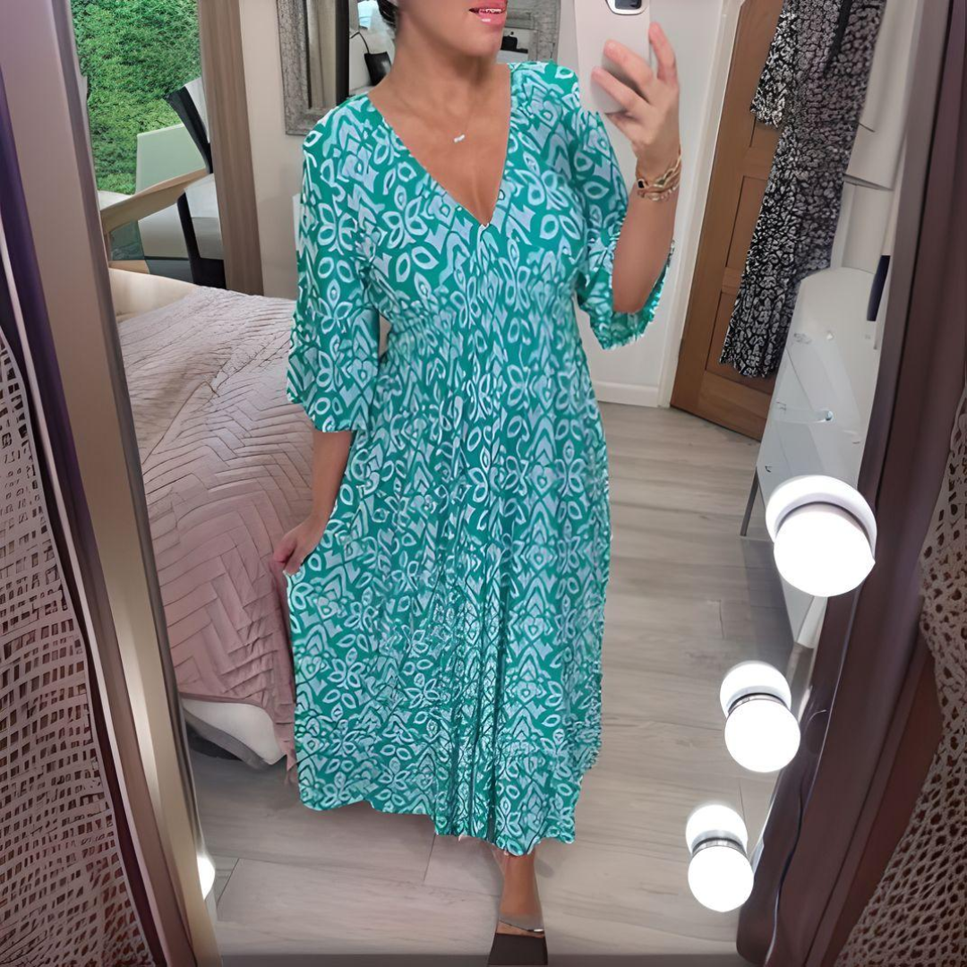 Vestito Midi - Vita Arricciata - Scollo a V - Vestito Boho - Vestito Casual-Blu Acqua-S-Modasso