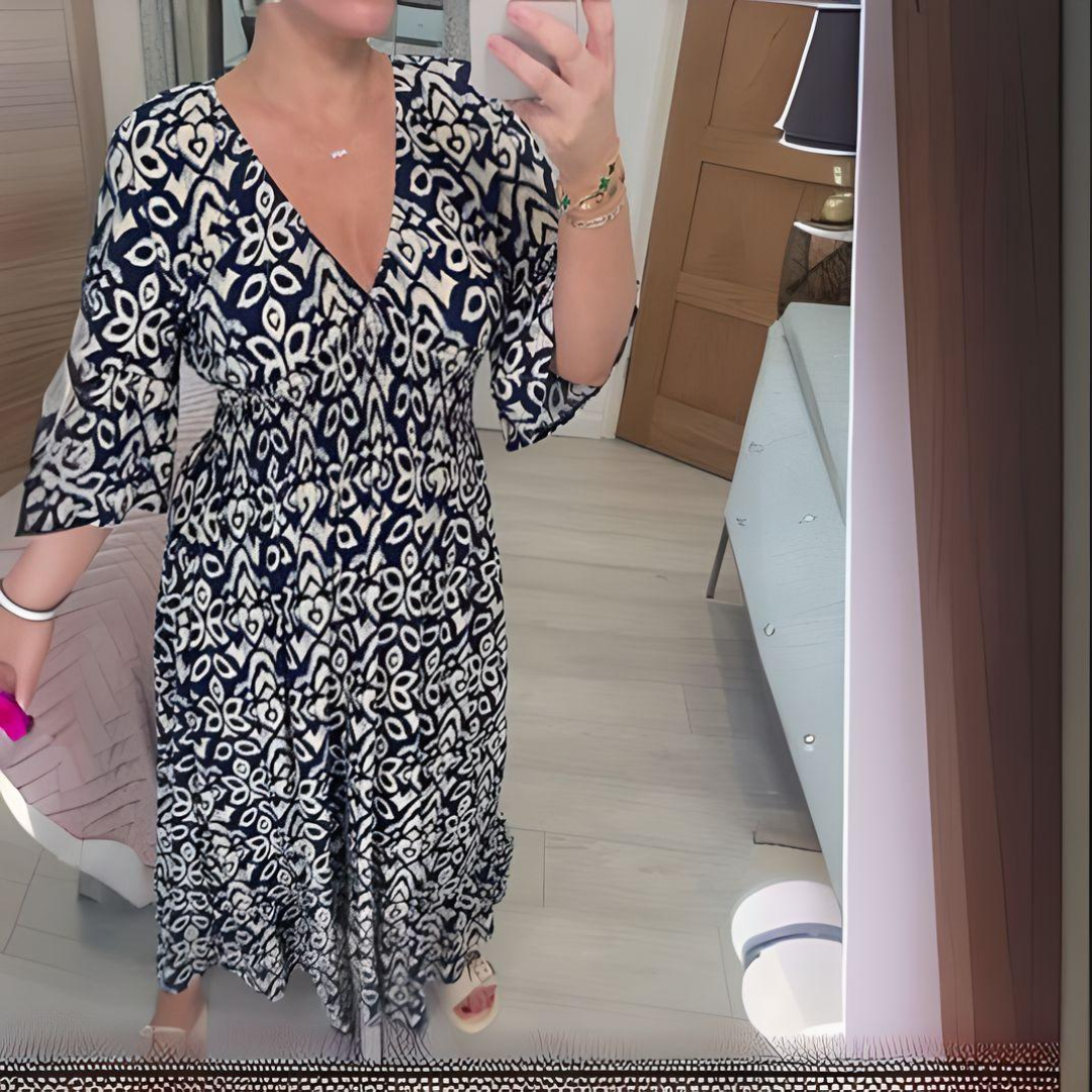 Vestito Midi - Vita Arricciata - Scollo a V - Vestito Boho - Vestito Casual-Blu-S-Modasso
