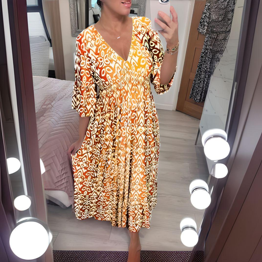 Vestito Midi - Vita Arricciata - Scollo a V - Vestito Boho - Vestito Casual-Giallo-S-Modasso