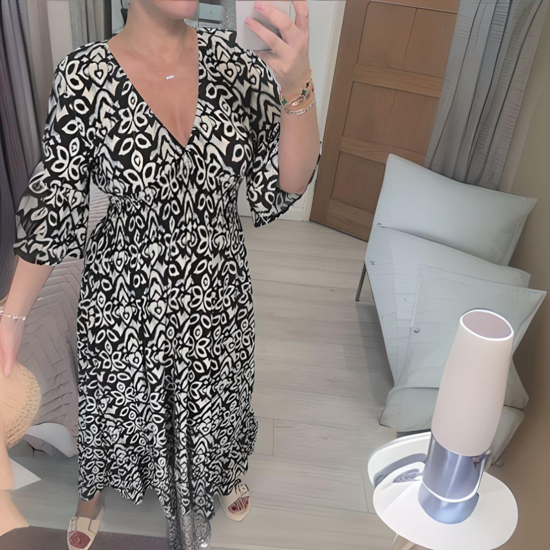 Vestito Midi - Vita Arricciata - Scollo a V - Vestito Boho - Vestito Casual-Nero-S-Modasso
