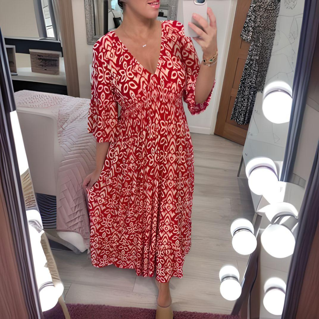 Vestito Midi - Vita Arricciata - Scollo a V - Vestito Boho - Vestito Casual-Rosso-S-Modasso