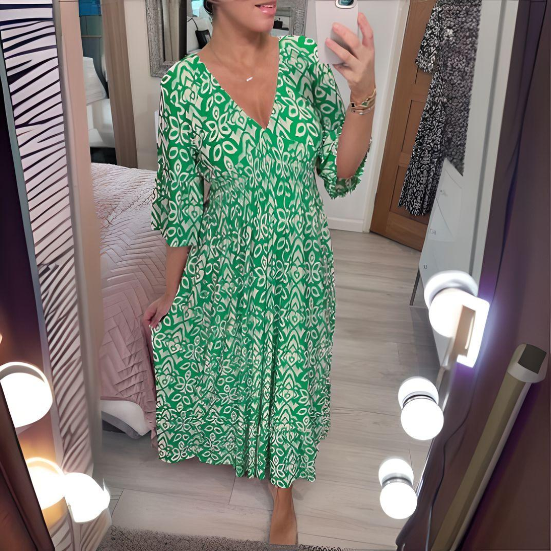 Vestito Midi - Vita Arricciata - Scollo a V - Vestito Boho - Vestito Casual-Verde-S-Modasso