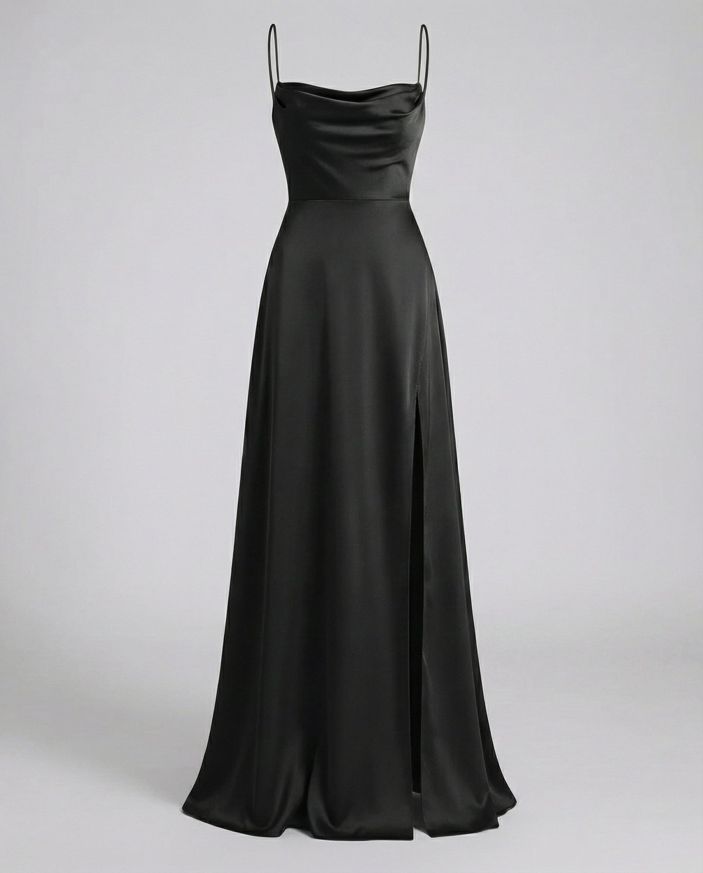 Vestito da Sera in Raso - Abito Lungo con Spacco-Nero-S-Modaso