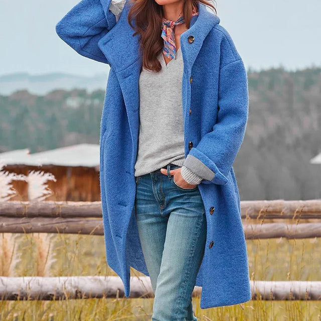 Wool Coat - Women's Single Breasted Hooded Long Wool Winter Coat-Blu-S-Modasso
