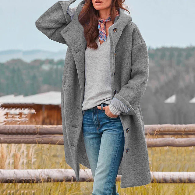 Wool Coat - Women's Single Breasted Hooded Long Wool Winter Coat-Grigio-S-Modasso