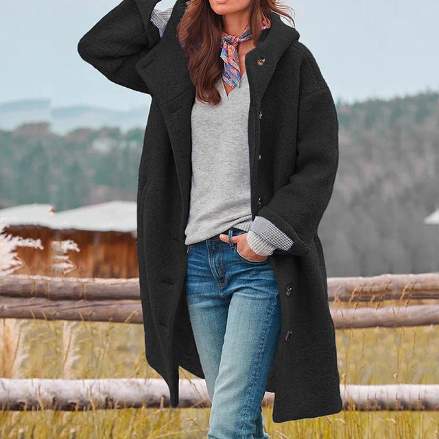 Wool Coat - Women's Single Breasted Hooded Long Wool Winter Coat-Nero-S-Modasso